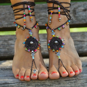 GIPSY mandala BAREFOOT SANDALS, Brown, Foot jewelry, Hippie sandals, Toe anklet, Beaded crochet, Ethnic tribal sandals, Festival jewelry