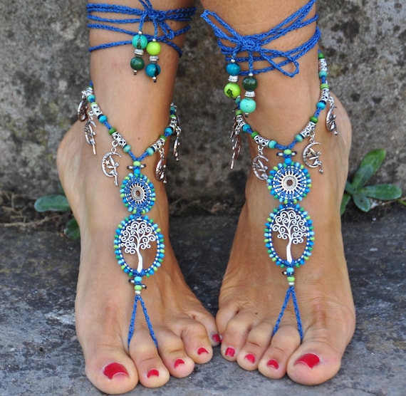 Black TREE of LIFE Barefoot SANDALS, Foot Jewelry, Hippie Sandals
