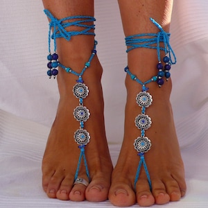 Silver FLOWER BAREFOOT SANDALS turquoise foot jewelry hippie sandals toe anklet beaded crochet barefoot tribal sandal festival yoga wedding