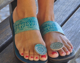 Turquoise Leather Sandals,Handcrafted Summer shoes, Indian style,Handmade Slip Ons Sandals,Khadau sandals,Women Sandals,Engraved leather