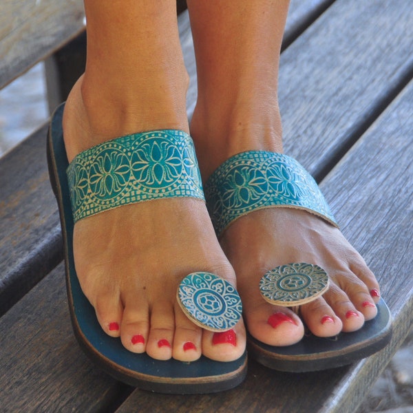 Turquoise Leather Sandals,Handcrafted Summer shoes, Indian style,Handmade Slip Ons Sandals,Khadau sandals,Women Sandals,Engraved leather