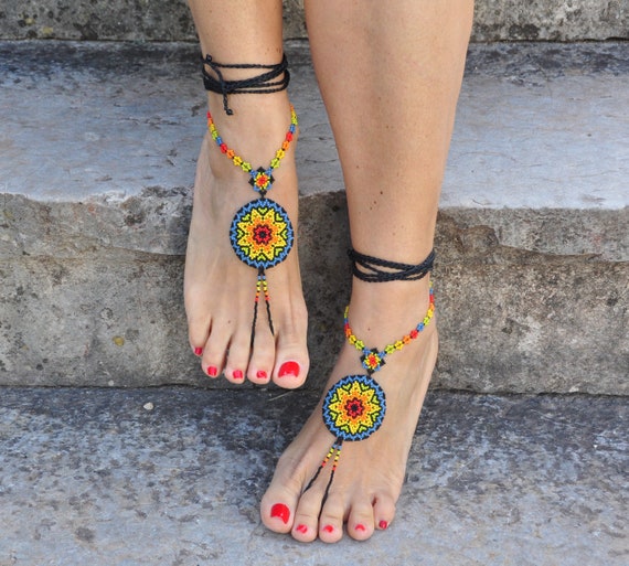 Huichol Beaded Barefoot Sandals: Rainbow Mandala Foot Jewelry