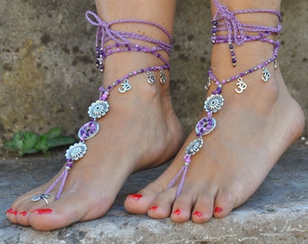 CROWN CHAKRA MANDALA barefoot sandals Violet foot jewelry hippie sandals toe ring anklet beaded crochet yoga wedding beach