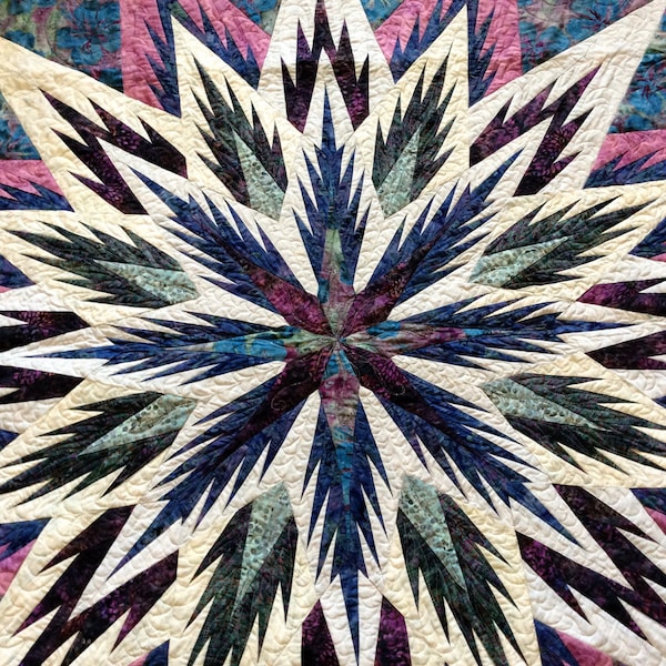 Feathered Star in Shades of Purple, Blues, Greens and Rose Wall Hanging or Generous Sized Lap Quilt