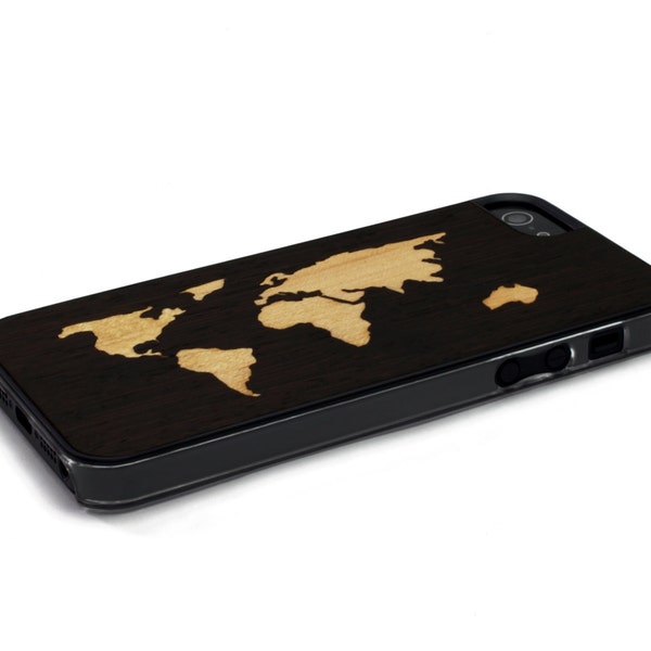 iPhone 5 Case Wood World Map Inlay Wenge Maple, Wood iPhone SE Case, iPhone 5S Case Wood