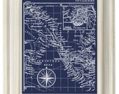 Digital Download, Navy Blue Vintage Ocean Map Coastal Art  Print