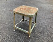 Vintage Farmhouse Chippy Green Metal Stool Boho Plant Stand Bedside Table