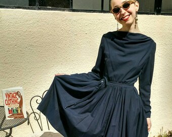 Vintage 1950's black and blue checked boat neck dress