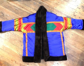 Vintage 1980s “Ann Tjian for KENAR”/ Nylon/ faux fur/ Geometric/  multi color/ reversible/oversized Jacket