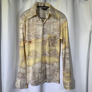 Vintage 1970s/ Vanderbilt/ Disco/ Dagger Collar/ Pastel/ Tropical Bird Pattern/ button up/shirt