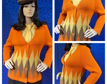 Vintage 1960s "LeRoy" Virgin Wool Cardigan/Mod/Argyle