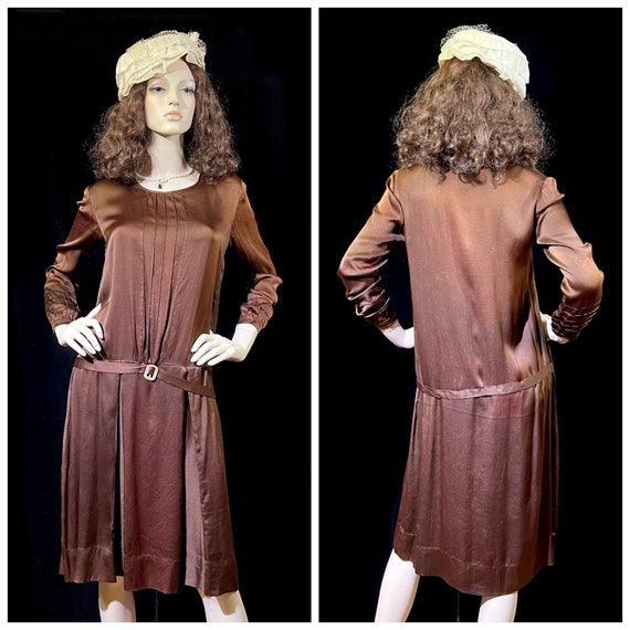 Rare Vintage 1920s Brown Silk Dropwaist Dress - image 1