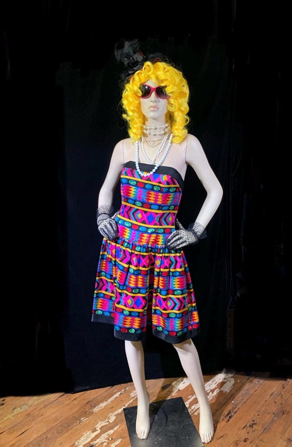 Vintage 80s/90s/ Designer A.J. Bari/ 100% Silk/ Bright Abstract Funky Patterns/ Strapless/ Fit N Flare/ Dress
