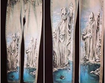 Hand drawn/ Hand painted/ Lord of the Rings/ Gates of Argonath/ Grey Denim Jeans