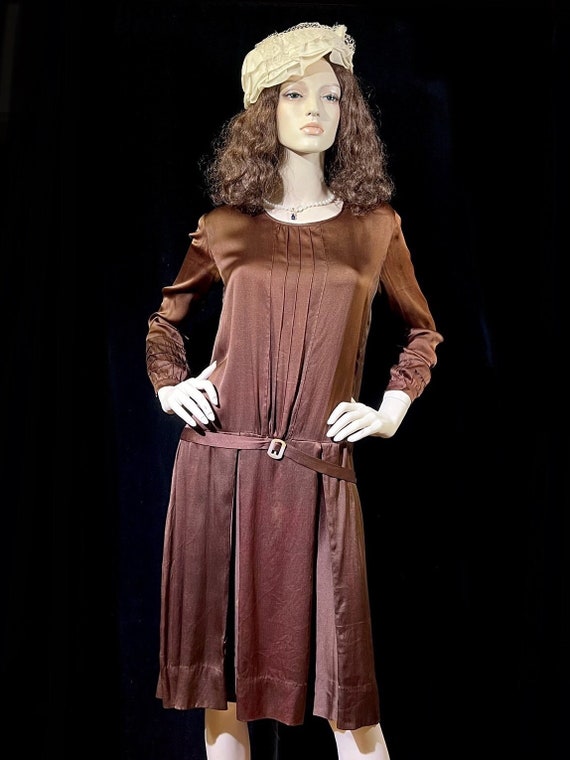Rare Vintage 1920s Brown Silk Dropwaist Dress - image 2