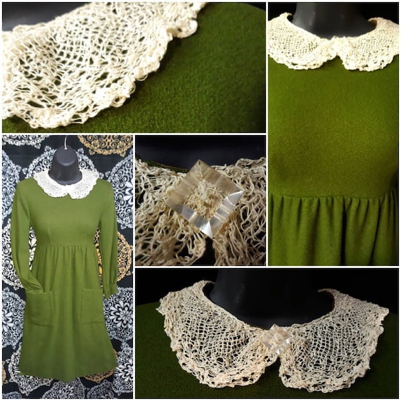 Vintage 1960's Olive Green Peter Pan Lace Collar M