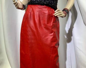 Vintage 1980s/ Cedars/ Candy Apple Red Leather/ high waisted/ Pencil Skirt/ rockabilly/punk/glam rock