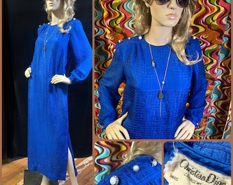 Vintage 1980s/ Christian Dior/ Loungewear/ Royal Blue/Square embossed textured/ Maxi Dress/ Nightgown/ Rhinestone Buttons/ Pockets