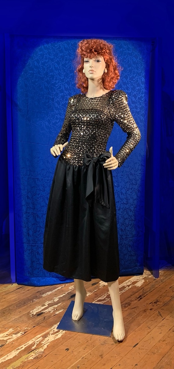 cachet dresses prom Vintage 1980s “cachet” by Bari Protas/gold/siver/black Sequin/ Drop Waist/  Formal Dress