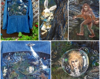 Hand painted 1970s Levi’s denim jacket #Bowie #Bigfoot #WhiteRabbit #RedBalloon #Dreamworldart