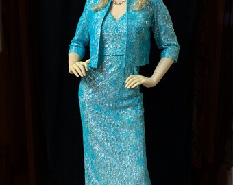 Vintage 1960s/handmade/ turquoise mesh lace/ metallic silver flower pattern/ Maxi dress/ Cropped Jacket/2 Piece Set