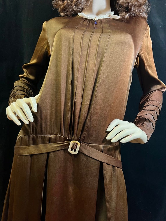 Rare Vintage 1920s Brown Silk Dropwaist Dress - image 4