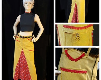 Retro 1970s/maxi skirt/ mustard cotton denim/ vintage red floral cotton panel insert/upcycled from pants