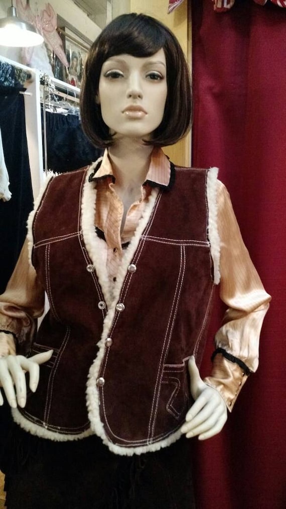Vintage 1970's suede shearling lined vest