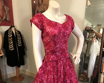 Dramatic 1950's Cranberry Floral Fitted Bodice Bouffant Skirt Dress - OH MY