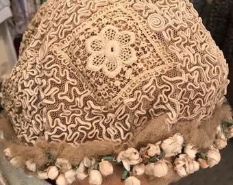 Antique Vintage RARE 20's Soutache/Lace/Net/Rose Bud Wedding Cloche Hat