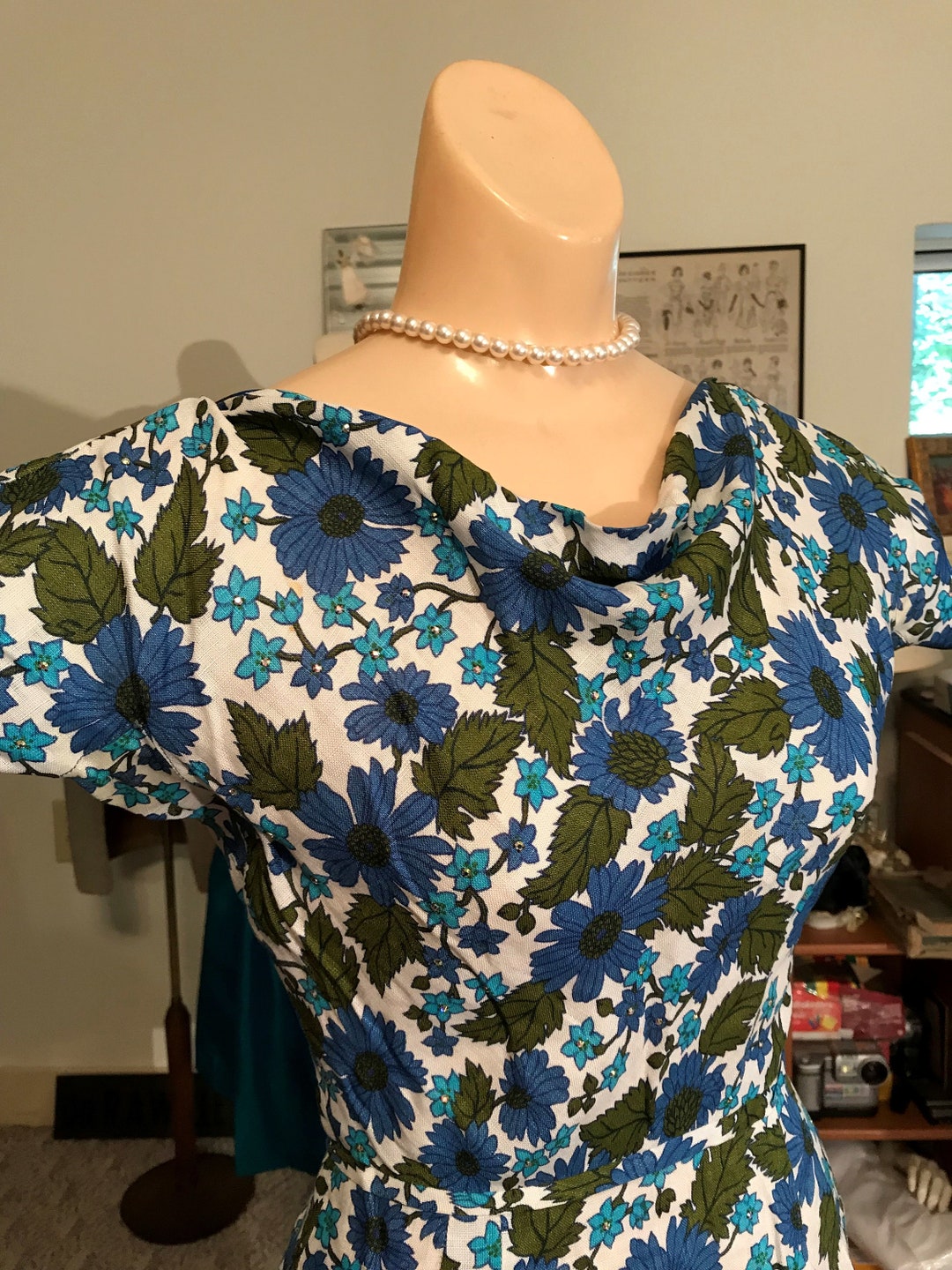 Vintage 50's Floral Rhinestone Studded LINEN Wiggle Dress - Etsy