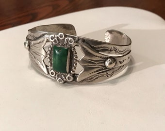 Vintage Navajo RARE Green TURQUOISE Sterling Silver Cuff BRACELET