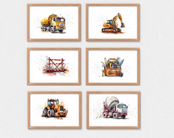 Construction Vehicles Watercolor Prints: Kid's Room Decor (Digital Download)