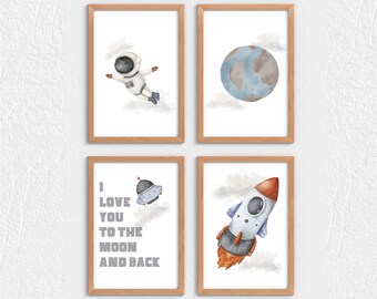 Outer Space Art Print Set: Astronaut, Rocket, Planets (Digital Download), Kid's Room
