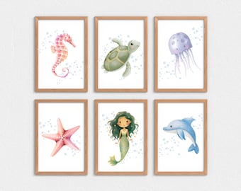 Under The Sea Art Prints: Mermaid, Dolphin, Turtle (Digital Download)