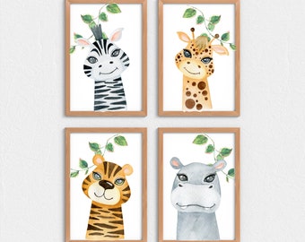 Safari Animal Nursery Art Prints: Watercolor Zoo Animals (Digital Download)
