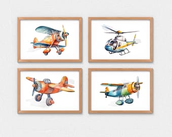 Airplane Nursery Art: Watercolor Planes & Helicopter Prints (Digital Download)