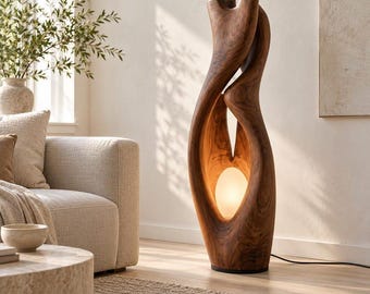 Sculptural Walnut Tone Floor Lamp, Twisted Organic Wooden Design, Modern Ambient Lighting, Artistic Statement Lamp for Living Room