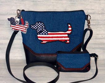 Long Hair Dachshund Patriotic Cross Body Bag- Denim Dachshund purse - Made to Order