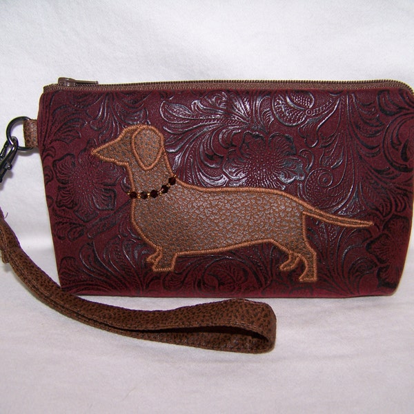 Burgandy/Red Faux Embossed Leather Clutch/Wristlet with Brown Dachshund with a Beaded Collar