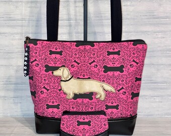 Long Hair Dachshund Appliqued Tote Bag - Pink Dog Bone Fabric