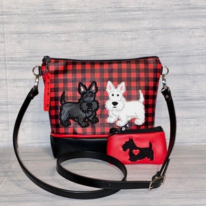 Scottish Terrier Appliqued Crossbody Bag: Red Plaid Faux Leather