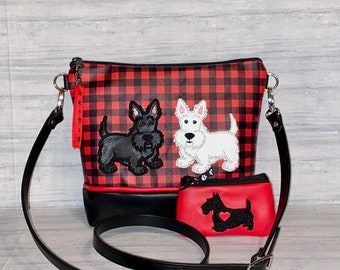 Scottish Terrier Appliqued Crossbody Bag: Red Plaid Faux Leather