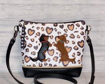 Long Hair Dachshund Purse in faux leather -  Sitting Up Dachshunds - Cross Body - Made to Order