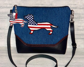 Dachshund Patriotic Cross Body Bag- Denim Dachshund purse - Made to Order