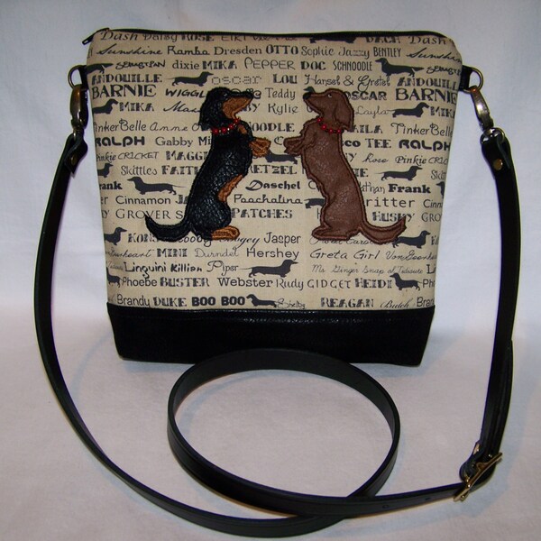 New Applique Long Hair Sitting Up Dachshunds - Cross Body - Handbag-Purse