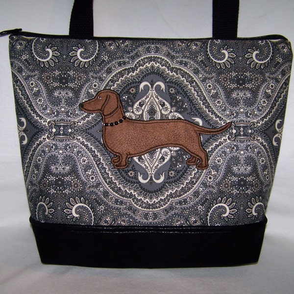 New Black and Gray Paisley Appliqued with a Red/Brown Dachshund-Wiener Dog Handbag-Purse-Bag with Beaded Collar