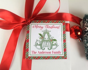 Personalized Christmas Gift Tag / Holly & Berry Initial Gift Tag / Plaid Holly Berry Tag / Christmas Gift Sticker / Monogram Christmas Tag
