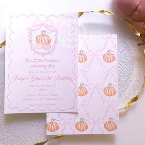 Watercolor Pumpkin Invitation, Pumpkin Bow Invite, Pumpkin Invitation, First Birthday, Fall Birthday, Pumpkin Bow Invitation, Pumpkin Bow Pattern, Pumpkin patch invitation, Fall Party, Scallop Invitation, Bow Pumpkin Invitation