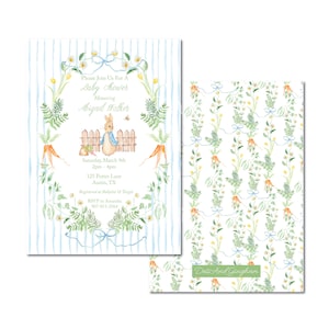 May include: A baby shower invitation with a blue and white striped background. The invitation features a watercolor illustration of a bunny rabbit holding a carrot, surrounded by flowers and greenery. The text on the invitation reads "Please Join Us For A Baby Shower Honoring Abigail Walker" and includes the date, time, location, and RSVP information.